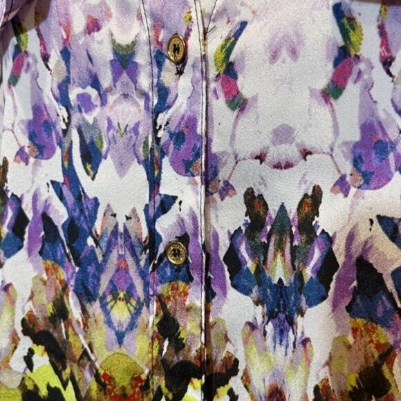 Calvin Klein Button Front Top Silky Abstract Artsy Black Blue Red Size Large - Picture 3 of 13